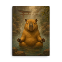 A capybara meditating in a Japanese hot spring steam rising around it canvas print on a plain backdrop in size 18"x24".