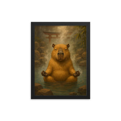 A capybara meditating in a Japanese hot spring steam rising around it framed print on a plain backdrop in size 12"x16".