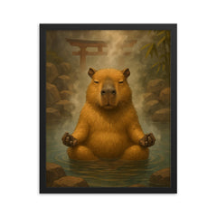 A capybara meditating in a Japanese hot spring steam rising around it framed print on a plain backdrop in size 16"x20".