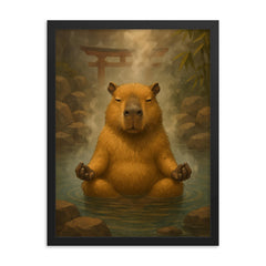 A capybara meditating in a Japanese hot spring steam rising around it framed print on a plain backdrop in size 18"x24".