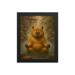 A capybara meditating in a Japanese hot spring steam rising around it framed print on a plain backdrop in size 8"x10".