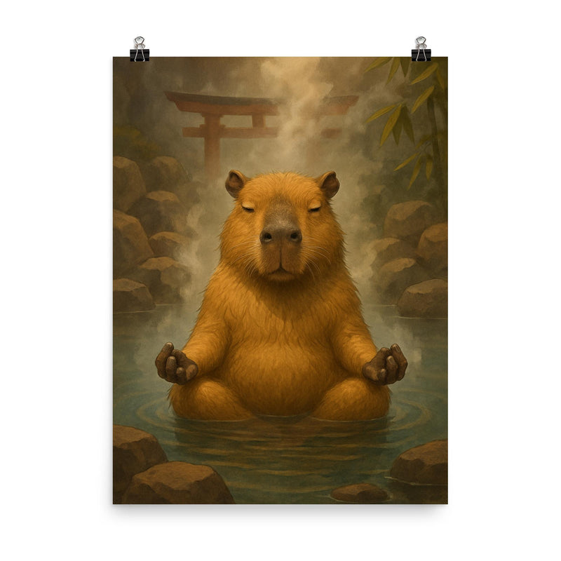 A capybara meditating in a Japanese hot spring steam rising around it poster on a plain backdrop in size 8