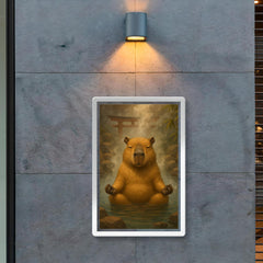 A capybara meditating in a Japanese hot spring steam rising around it poster 2
