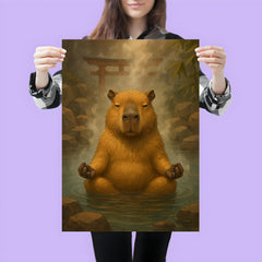 A capybara meditating in a Japanese hot spring steam rising around it poster 3