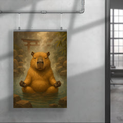 A capybara meditating in a Japanese hot spring steam rising around it poster 4