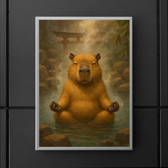 A capybara meditating in a Japanese hot spring steam rising around it poster 5