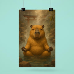 A capybara meditating in a Japanese hot spring steam rising around it poster 6