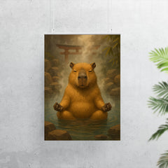 A capybara meditating in a Japanese hot spring steam rising around it poster 7