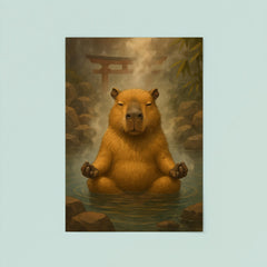 A capybara meditating in a Japanese hot spring steam rising around it poster 8
