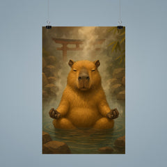 A capybara meditating in a Japanese hot spring steam rising around it poster 9