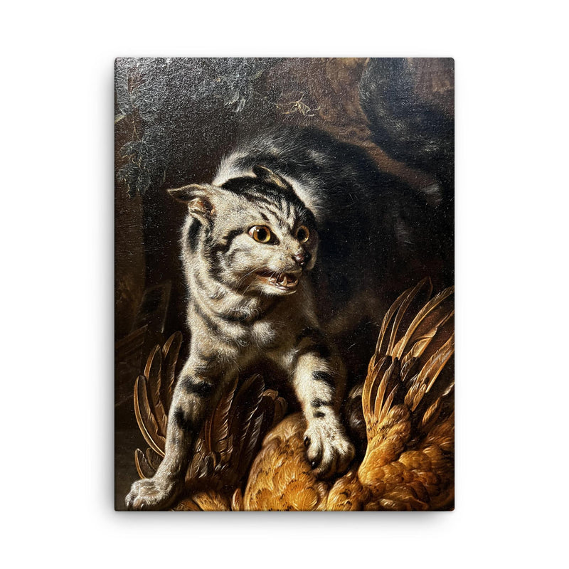 A Cat Protecting Spoils from a Dog by Dirk Valkenburg canvas print on a plain backdrop in size 18