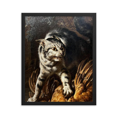 A Cat Protecting Spoils from a Dog by Dirk Valkenburg framed print on a plain backdrop in size 16"x20".