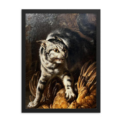 A Cat Protecting Spoils from a Dog by Dirk Valkenburg framed print on a plain backdrop in size 18"x24".