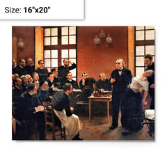 A Clinical Lesson at the Salpêtrière by André Brouillet metal print on a plain backdrop in size 16"x20".