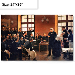 A Clinical Lesson at the Salpêtrière by André Brouillet metal print on a plain backdrop in size 24"x36".