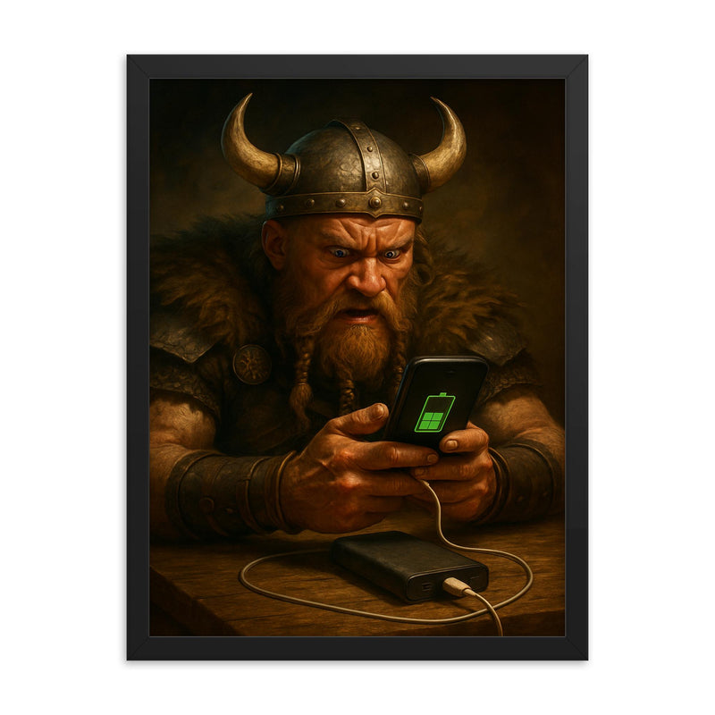 A fierce Viking warrior anxiously watching his smartphone charge on a power bank framed print on a plain backdrop in size 18