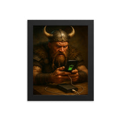 A fierce Viking warrior anxiously watching his smartphone charge on a power bank framed print on a plain backdrop in size 8"x10".