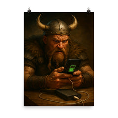 A fierce Viking warrior anxiously watching his smartphone charge on a power bank poster on a plain backdrop in size 8"x10".
