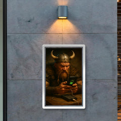A fierce Viking warrior anxiously watching his smartphone charge on a power bank poster 2