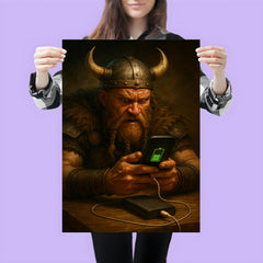 A fierce Viking warrior anxiously watching his smartphone charge on a power bank poster 3