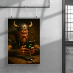 A fierce Viking warrior anxiously watching his smartphone charge on a power bank poster 4
