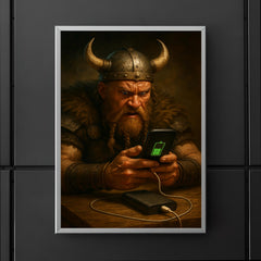 A fierce Viking warrior anxiously watching his smartphone charge on a power bank poster 5