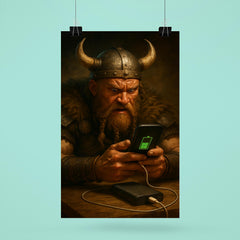 A fierce Viking warrior anxiously watching his smartphone charge on a power bank poster 6