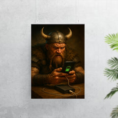 A fierce Viking warrior anxiously watching his smartphone charge on a power bank poster 7