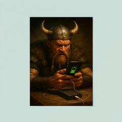 A fierce Viking warrior anxiously watching his smartphone charge on a power bank poster 8