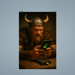 A fierce Viking warrior anxiously watching his smartphone charge on a power bank poster 9