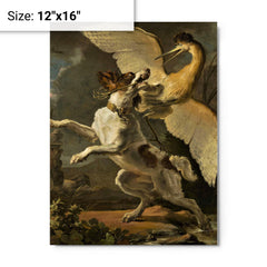 A Fight Between a Dog and a Heron by Abraham Hondius metal print on a plain backdrop in size 12"x16".