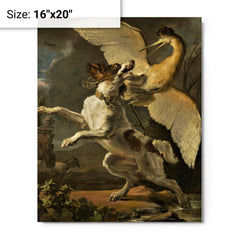 A Fight Between a Dog and a Heron by Abraham Hondius metal print on a plain backdrop in size 16"x20".