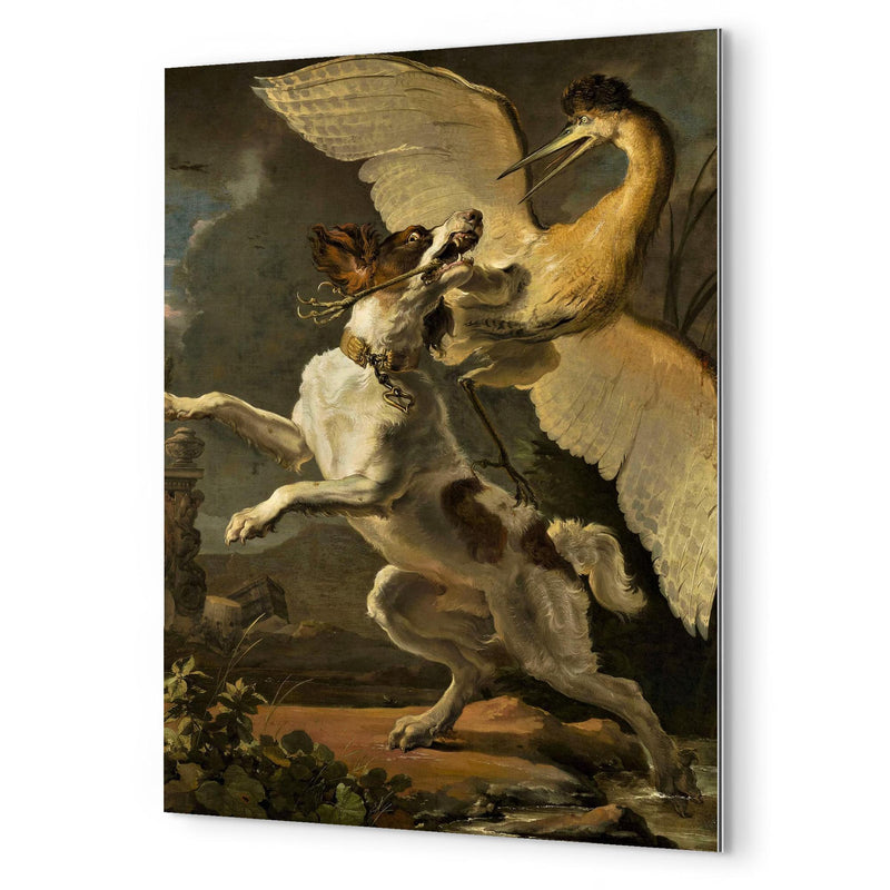 A Fight Between a Dog and a Heron by Abraham Hondius metal print mockup