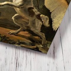 A Fight Between a Dog and a Heron by Abraham Hondius metal print mockup