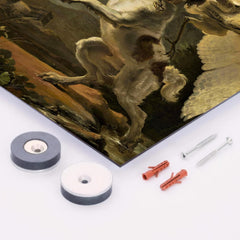 A Fight Between a Dog and a Heron by Abraham Hondius metal print mockup