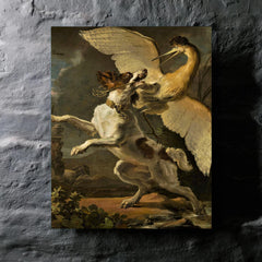 A Fight Between a Dog and a Heron by Abraham Hondius metal print mockup