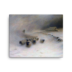A Flock of Sheep in a Snowstorm by Joseph Farquharson, 1912 canvas print on a plain backdrop in size 16"x20".