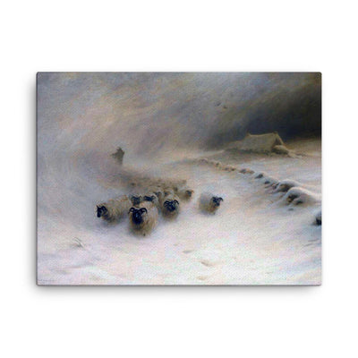 A Flock of Sheep in a Snowstorm by Joseph Farquharson, 1912 canvas print on a plain backdrop in size 18