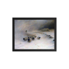 A Flock of Sheep in a Snowstorm by Joseph Farquharson, 1912 framed print on a plain backdrop in size 12"x16".
