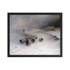 A Flock of Sheep in a Snowstorm by Joseph Farquharson, 1912 framed print on a plain backdrop in size 16"x20".