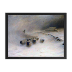 A Flock of Sheep in a Snowstorm by Joseph Farquharson, 1912 framed print on a plain backdrop in size 18"x24".