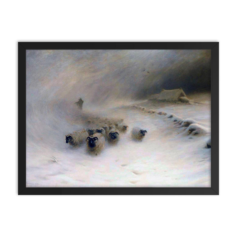 A Flock of Sheep in a Snowstorm by Joseph Farquharson, 1912 framed print on a plain backdrop in size 18