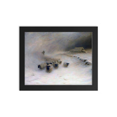 A Flock of Sheep in a Snowstorm by Joseph Farquharson, 1912 framed print on a plain backdrop in size 8"x10".