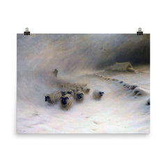 A Flock of Sheep in a Snowstorm by Joseph Farquharson, 1912 poster on a plain backdrop in size 8"x10".