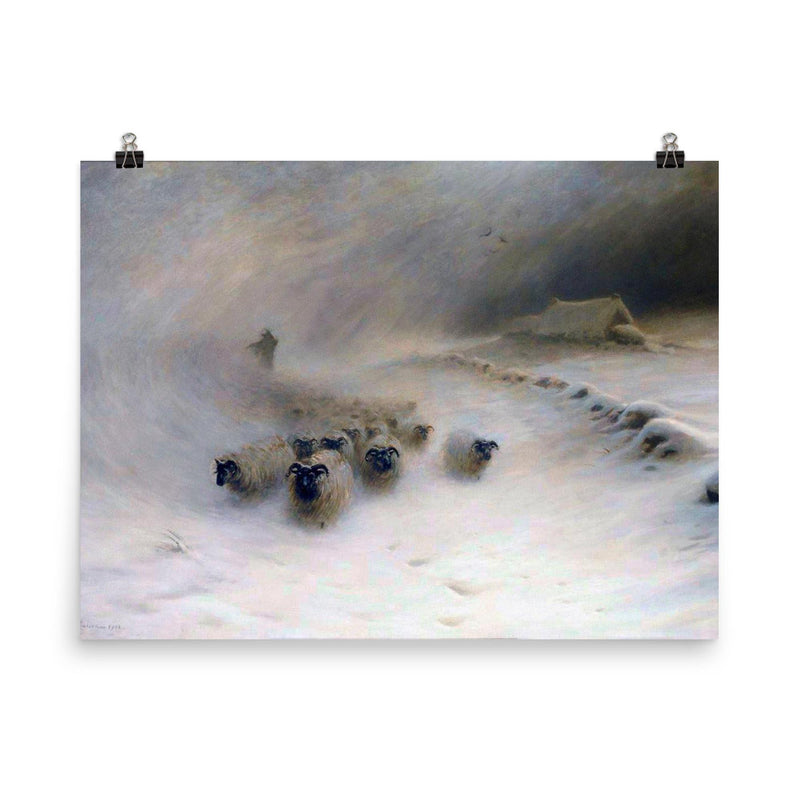 A Flock of Sheep in a Snowstorm by Joseph Farquharson, 1912 poster on a plain backdrop in size 8