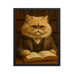 A fluffy Persian cat in a tweed jacket and spectacles reading a book in a library framed print on a plain backdrop in size 16"x20".