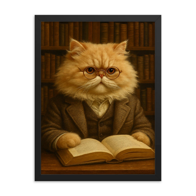 A fluffy Persian cat in a tweed jacket and spectacles reading a book in a library framed print on a plain backdrop in size 18