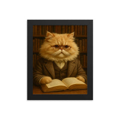 A fluffy Persian cat in a tweed jacket and spectacles reading a book in a library framed print on a plain backdrop in size 8"x10".