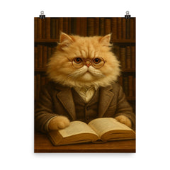 A fluffy Persian cat in a tweed jacket and spectacles reading a book in a library poster on a plain backdrop in size 8"x10".