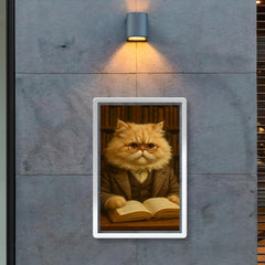 A fluffy Persian cat in a tweed jacket and spectacles reading a book in a library poster 2